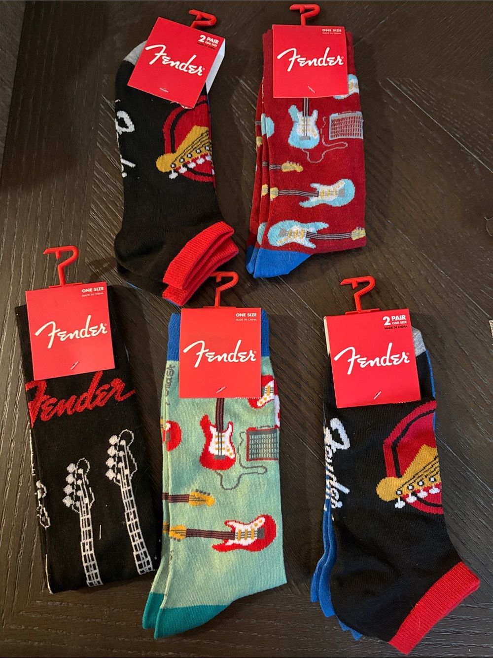 Fender Guitar-Print Crew Socks in Red, Black, Teal, Mint (5-Pack)